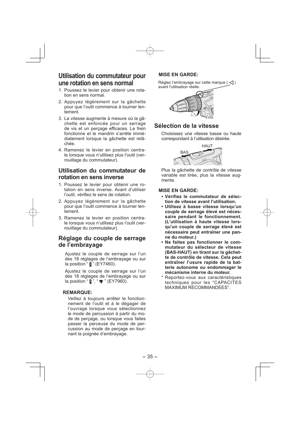 Réglage du couple de serrage de l’embrayage, Sélection de la vitesse | Panasonic EY7960 User Manual | Page 35 / 152