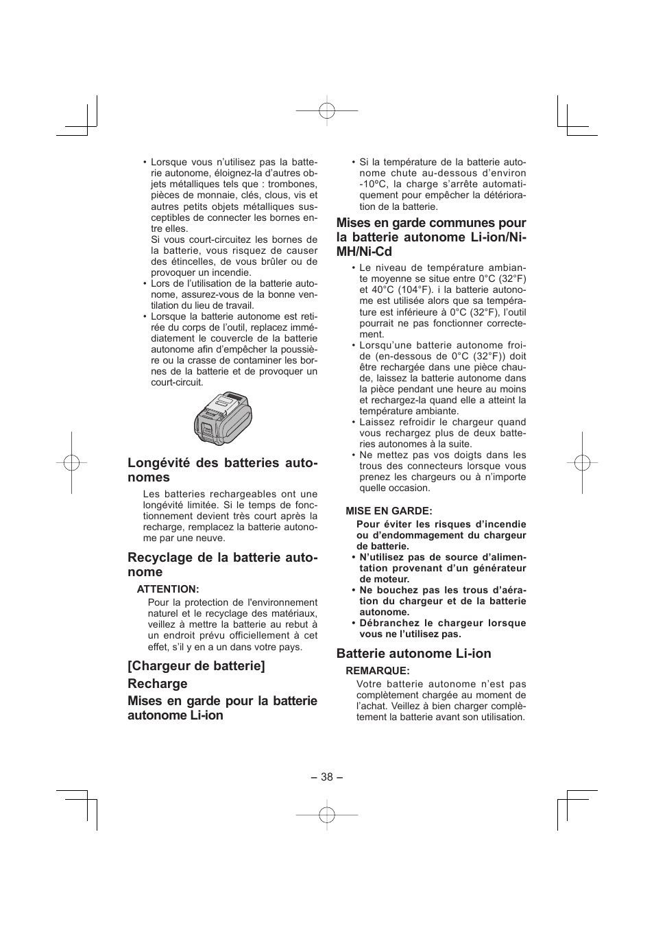 Longévité des batteries auto- nomes, Recyclage de la batterie auto- nome, Batterie autonome li-ion | Panasonic EY7960 User Manual | Page 38 / 152