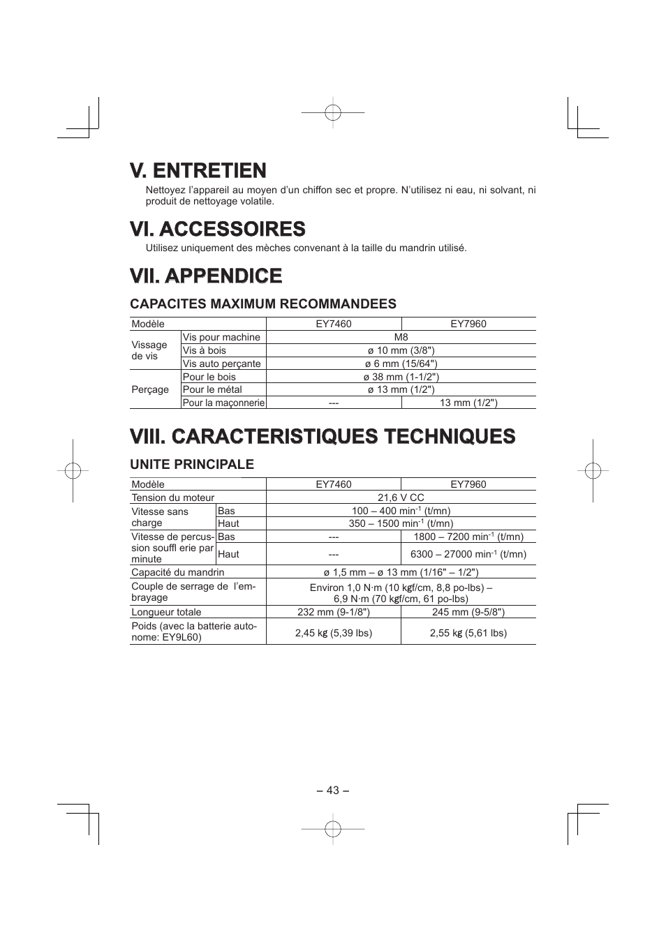 V. entretien, Vi. accessoires, Vii. appendice | Viii. caracteristiques techniques, Capacites maximum recommandees, Unite principale | Panasonic EY7960 User Manual | Page 43 / 152