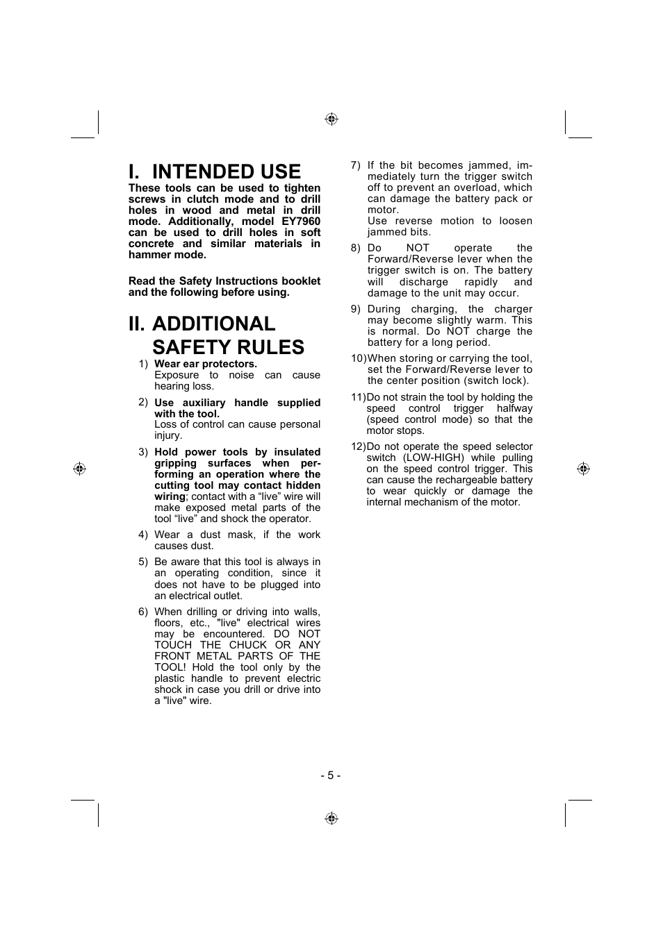 I. intended use, Ii. additional safety rules | Panasonic EY7960 User Manual | Page 5 / 152