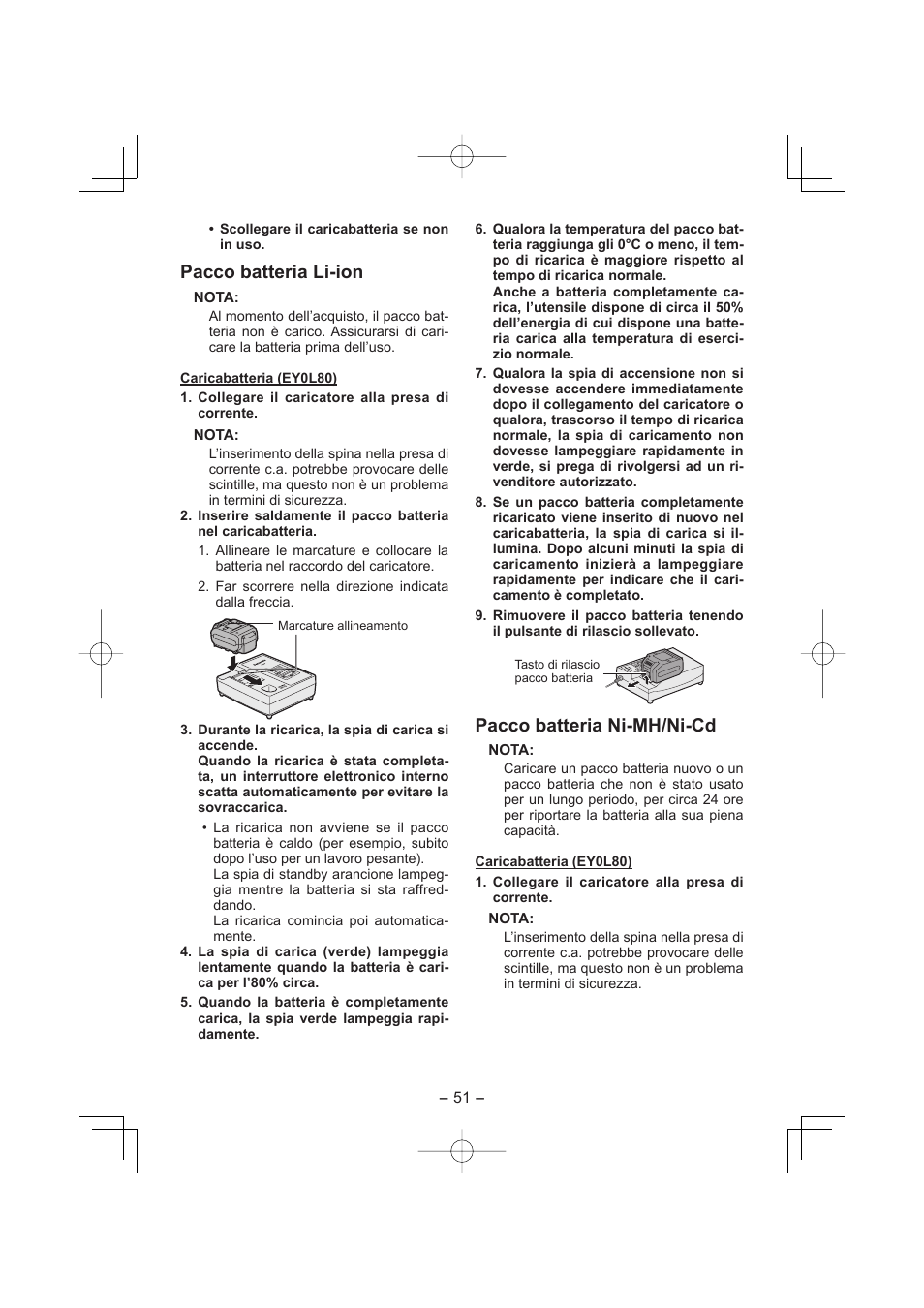 Pacco batteria li-ion, Pacco batteria ni-mh/ni-cd | Panasonic EY7960 User Manual | Page 51 / 152