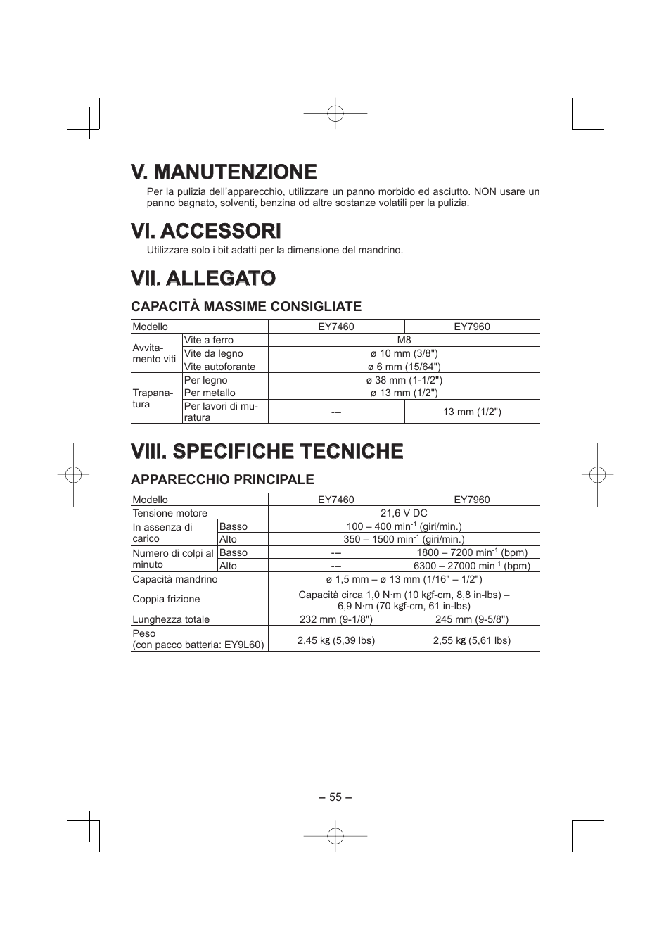 V. manutenzione, Vi. accessori, Vii. allegato | Viii. specifiche tecniche, Capacità massime consigliate, Apparecchio principale | Panasonic EY7960 User Manual | Page 55 / 152