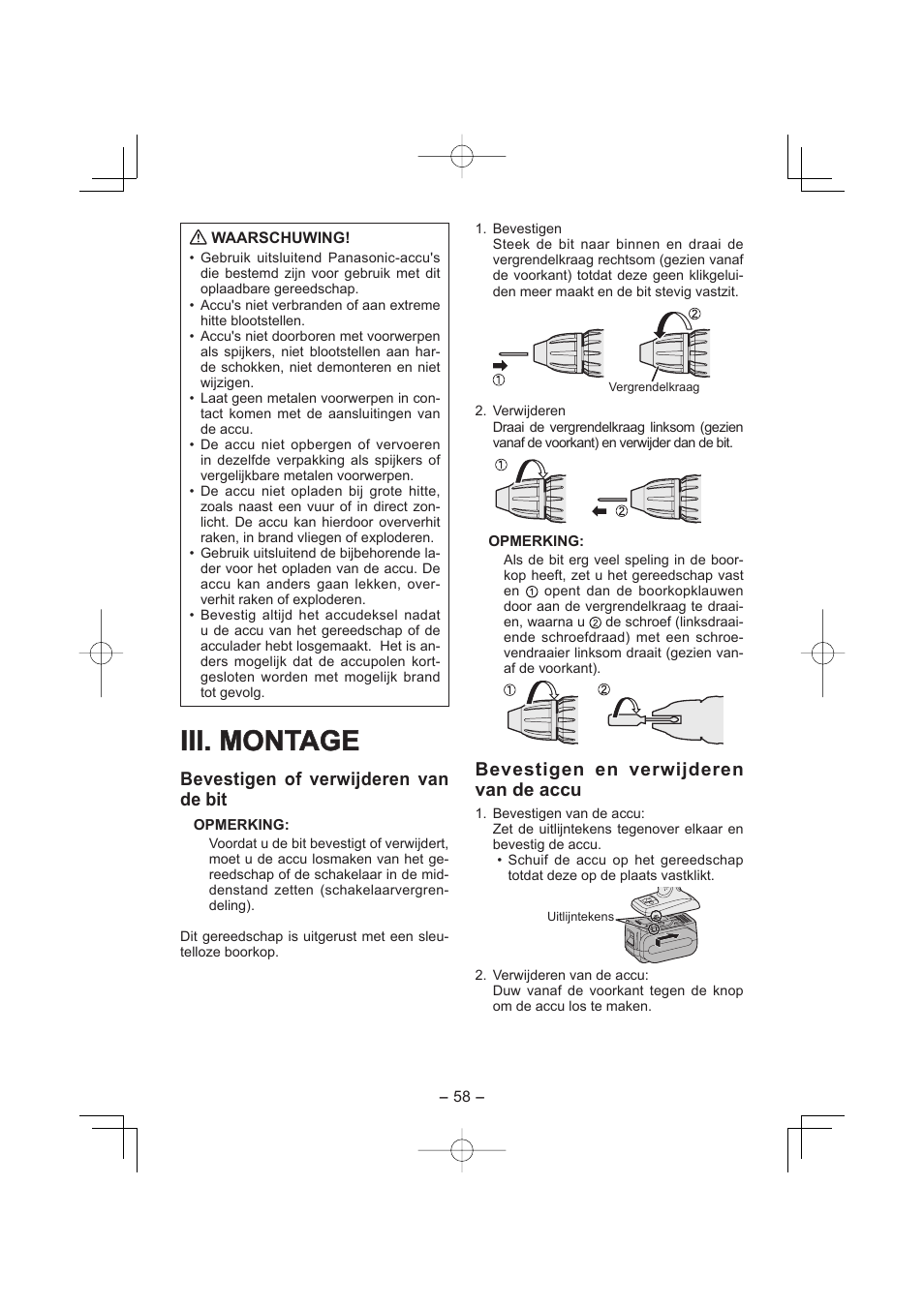 Iii. montage, Bevestigen of verwijderen van de bit, Bevestigen en verwijderen van de accu | Panasonic EY7960 User Manual | Page 58 / 152