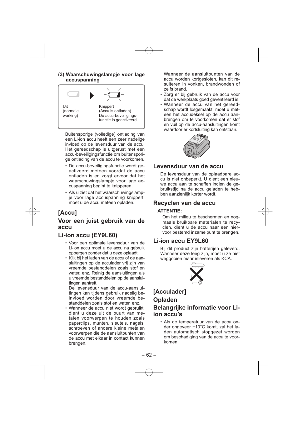 Levensduur van de accu, Recyclen van de accu, Li-ion accu ey9l60 | Panasonic EY7960 User Manual | Page 62 / 152