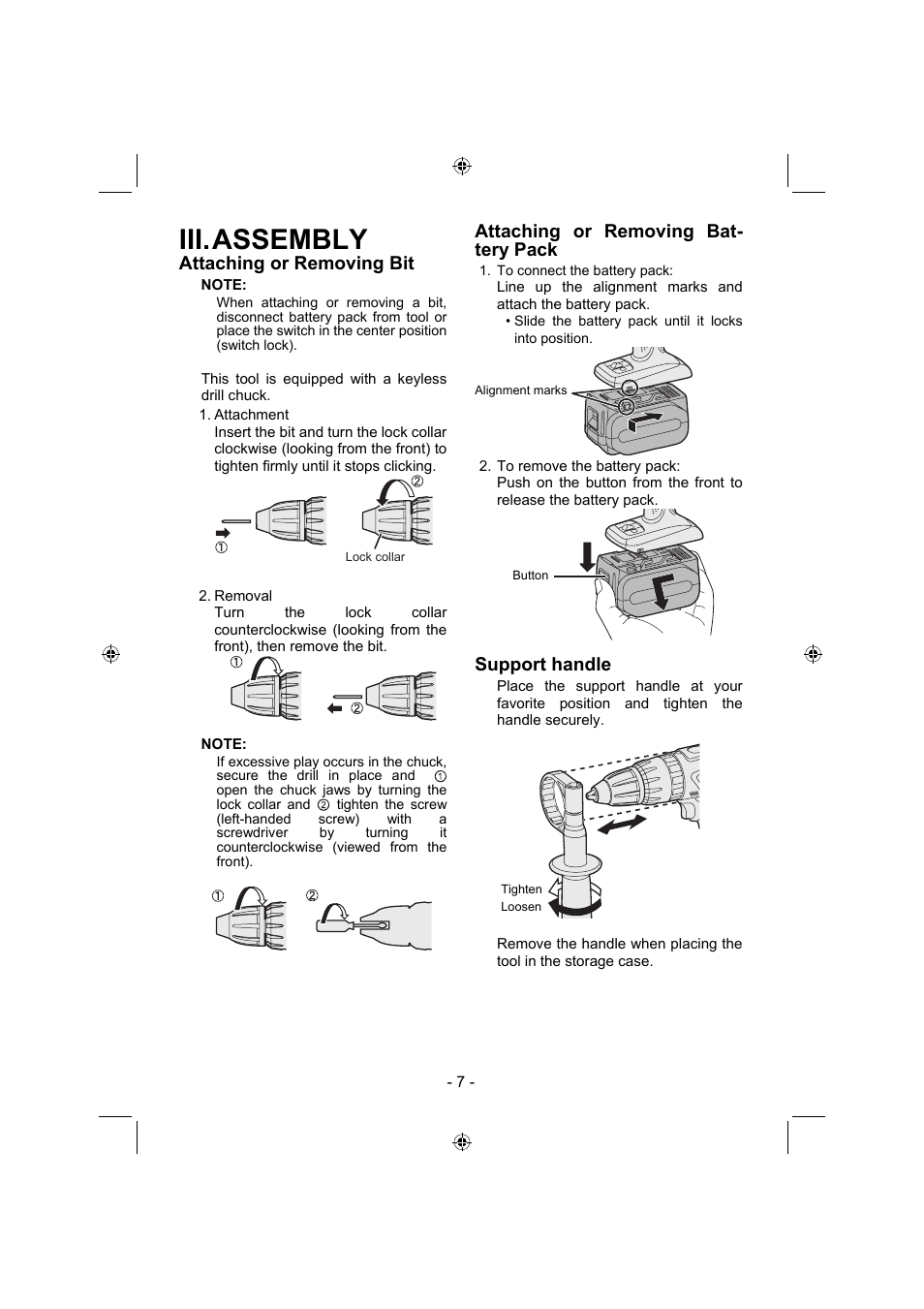 Iii. assembly, Attaching or removing bit, Attaching or removing bat- tery pack | Support handle | Panasonic EY7960 User Manual | Page 7 / 152