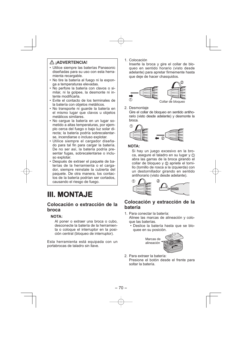 Iii. montaje, Colocación o extracción de la broca, Colocación y extracción de la batería | Panasonic EY7960 User Manual | Page 70 / 152