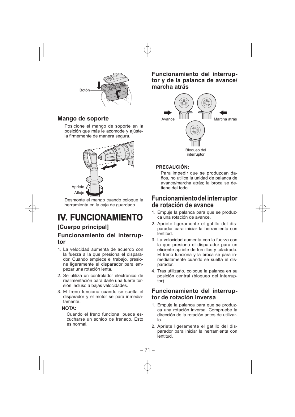 Iv. iv. funcionamiento funcionamiento, Mango de soporte, Cuerpo principal] funcionamiento del interrup- tor | Panasonic EY7960 User Manual | Page 71 / 152