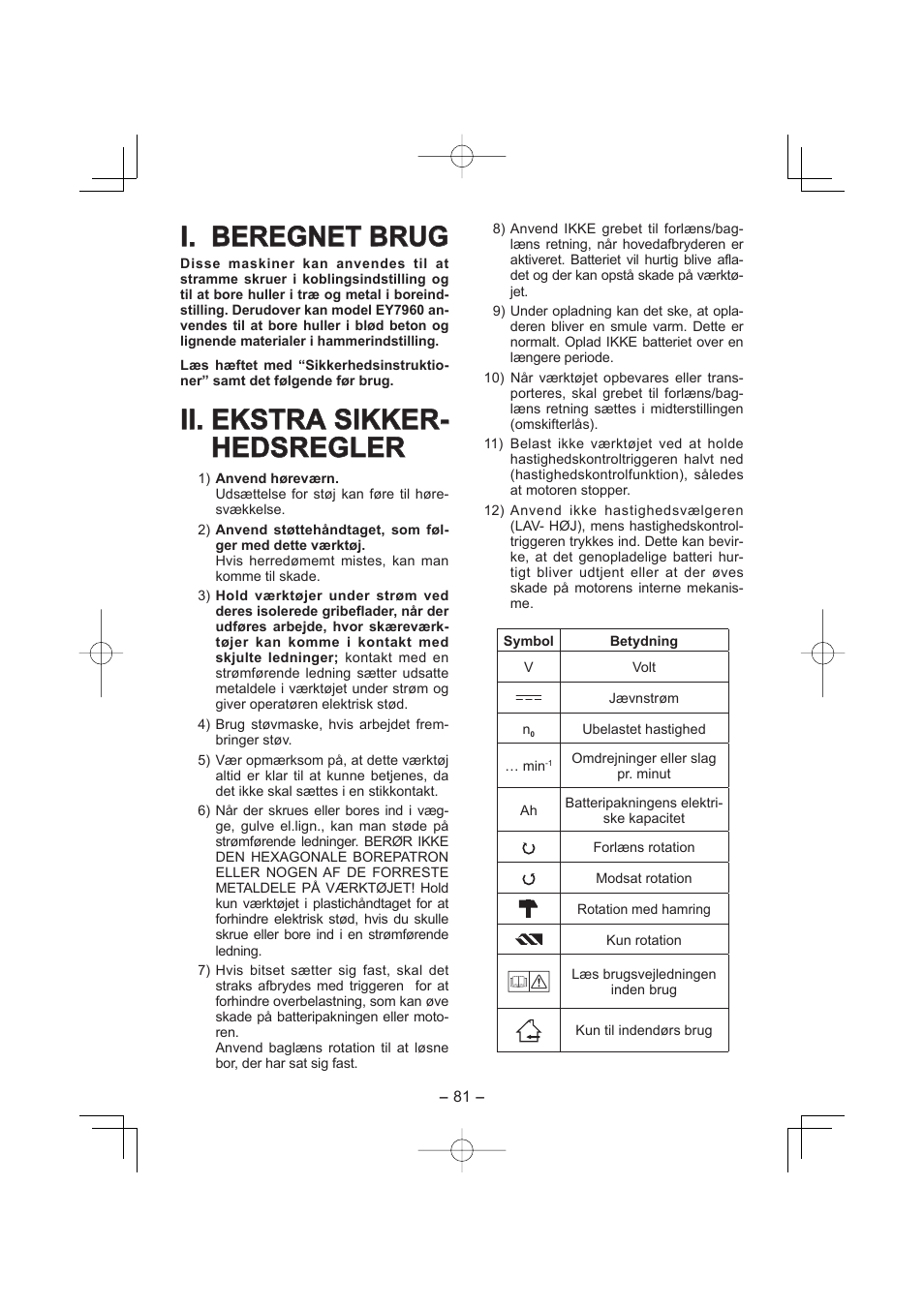 I. i. beregnet brug beregnet brug, Ii. ekstra sikker, Ii. ekstra sikker- hedsregler hedsregler | Panasonic EY7960 User Manual | Page 81 / 152