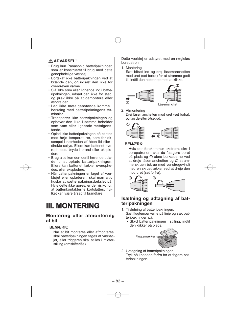 Iii. montering, Montering eller afmontering af bit, Isætning og udtagning af bat- teripakningen | Panasonic EY7960 User Manual | Page 82 / 152