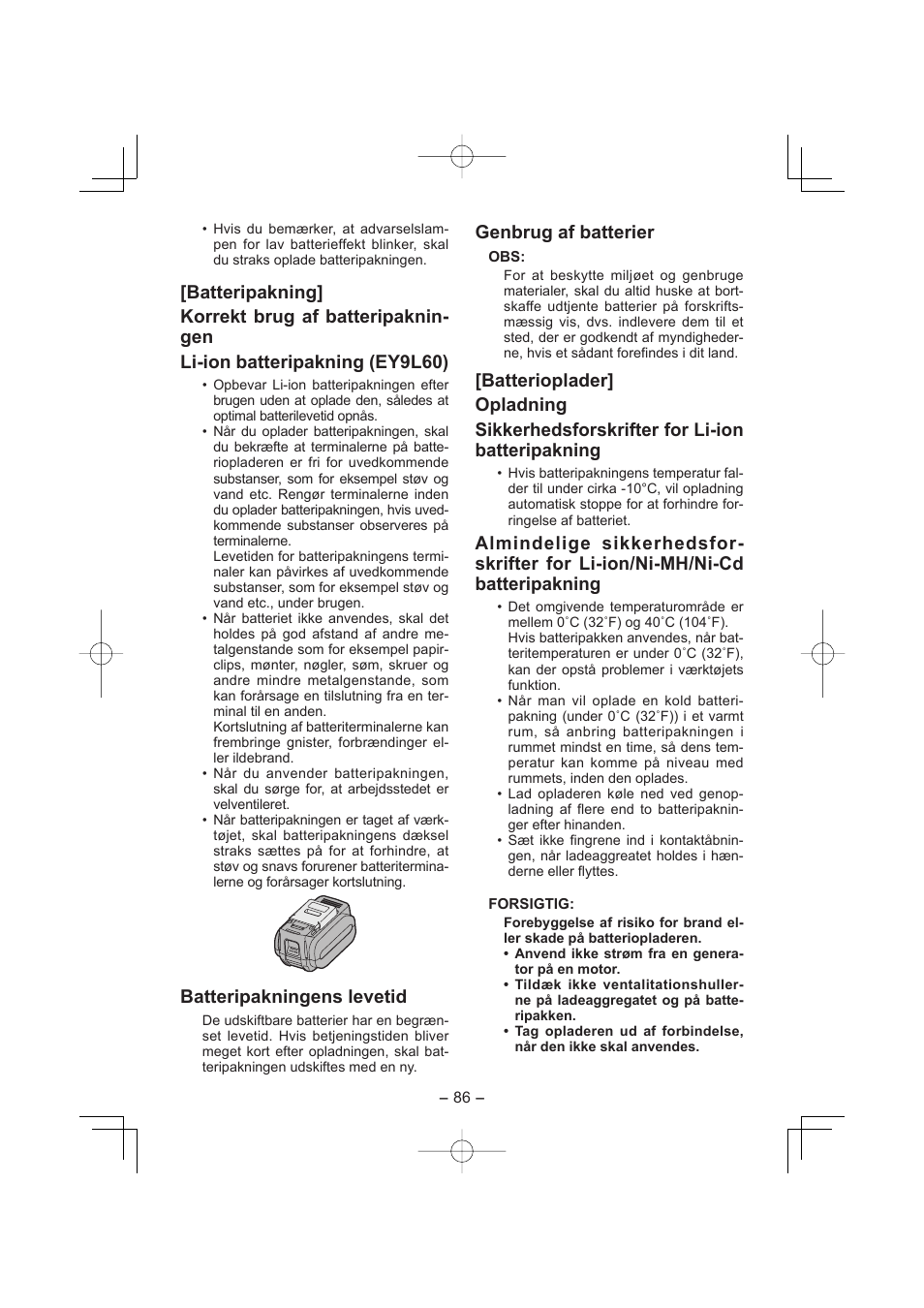 Batteripakningens levetid, Genbrug af batterier | Panasonic EY7960 User Manual | Page 86 / 152