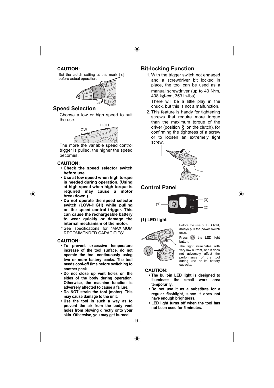 Speed selection, Bit-locking function, Control panel | Panasonic EY7960 User Manual | Page 9 / 152