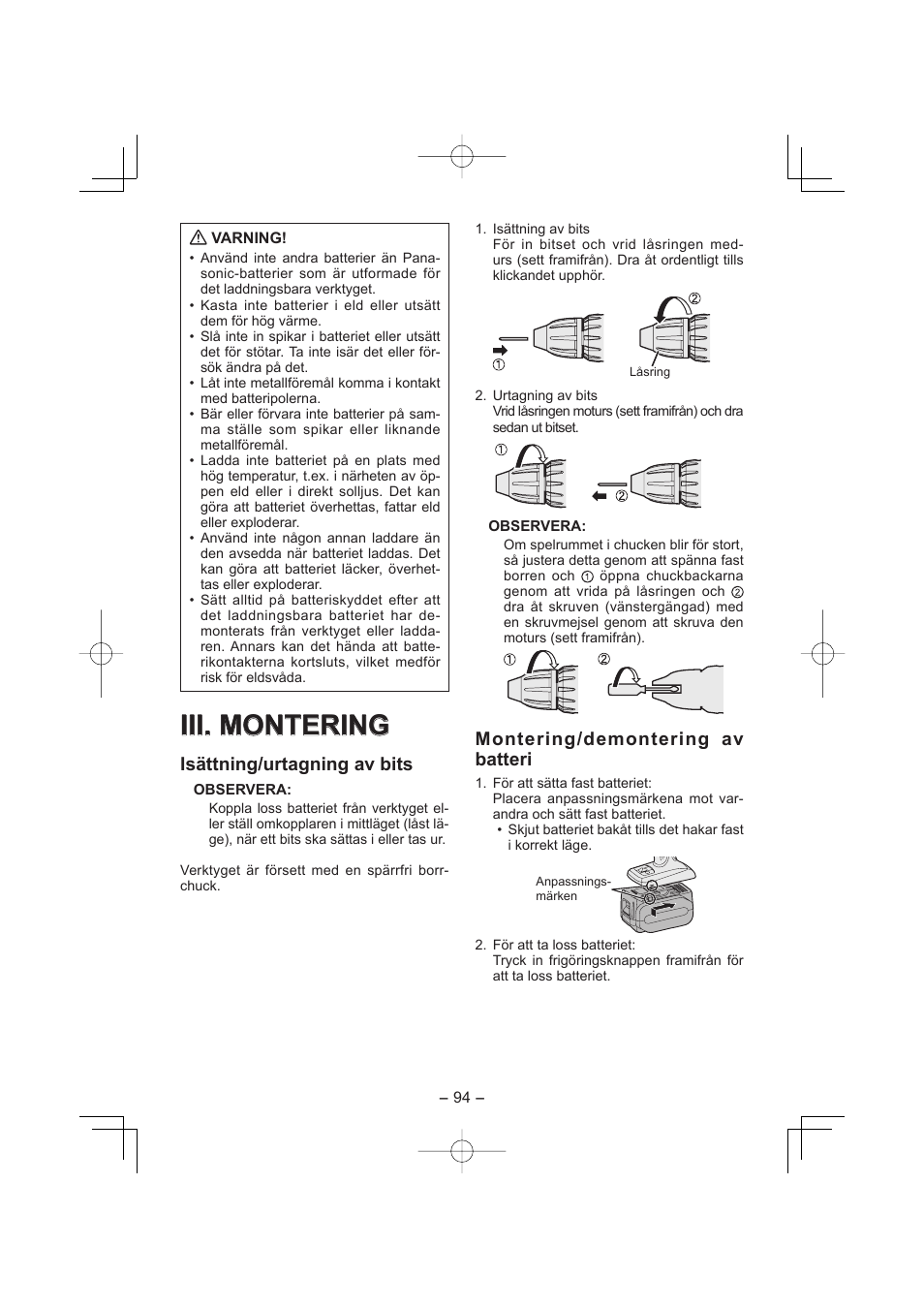 Iii. montering, Isättning/urtagning av bits, Montering/demontering av batteri | Panasonic EY7960 User Manual | Page 94 / 152