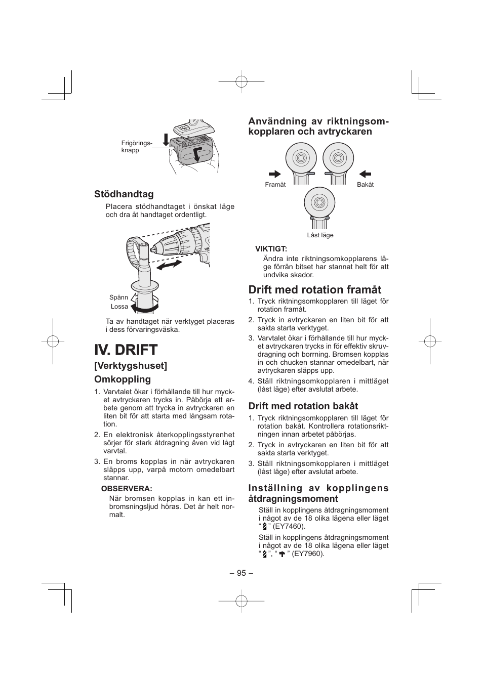 Iv. drift, Drift med rotation framåt, Stödhandtag | Verktygshuset] omkoppling, Drift med rotation bakåt, Inställning av kopplingens åtdragningsmoment | Panasonic EY7960 User Manual | Page 95 / 152