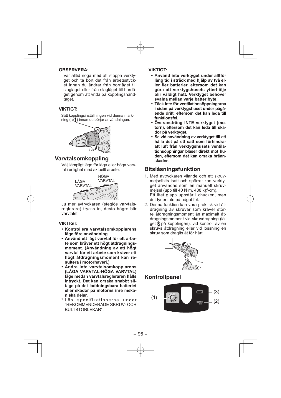 Varvtalsomkoppling, Bitslåsningsfunktion, Kontrollpanel | Panasonic EY7960 User Manual | Page 96 / 152