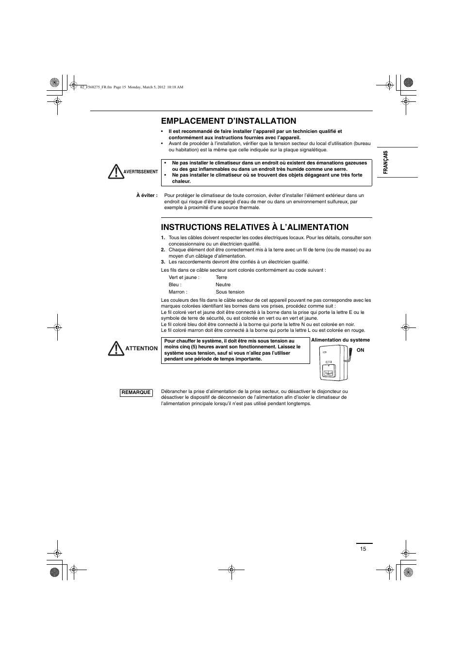 Emplacement d’installation, Instructions relatives à l’alimentation | Panasonic S45MU1E51 User Manual | Page 3 / 25