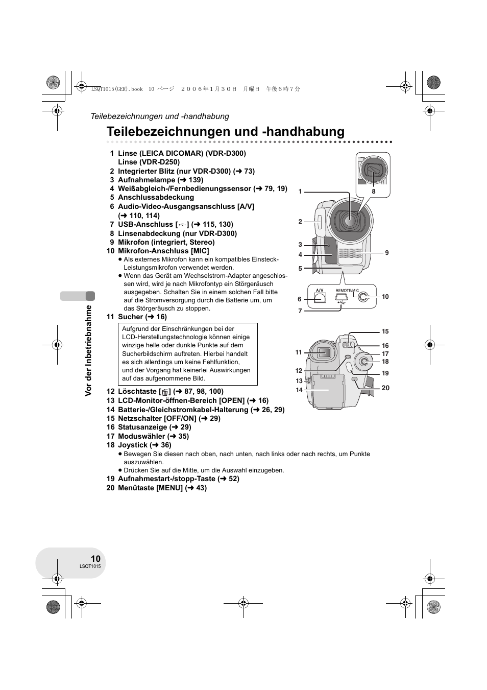 Teilebezeichnungen und -handhabung | Panasonic VDRD250EG User Manual | Page 10 / 336