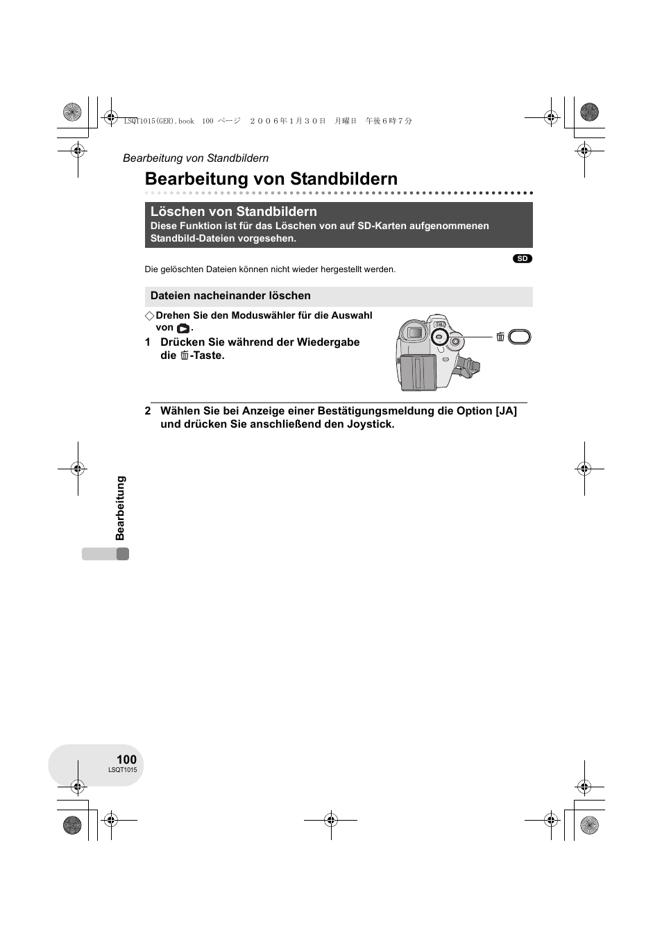 Bearbeitung von standbildern, Löschen von standbildern | Panasonic VDRD250EG User Manual | Page 100 / 336