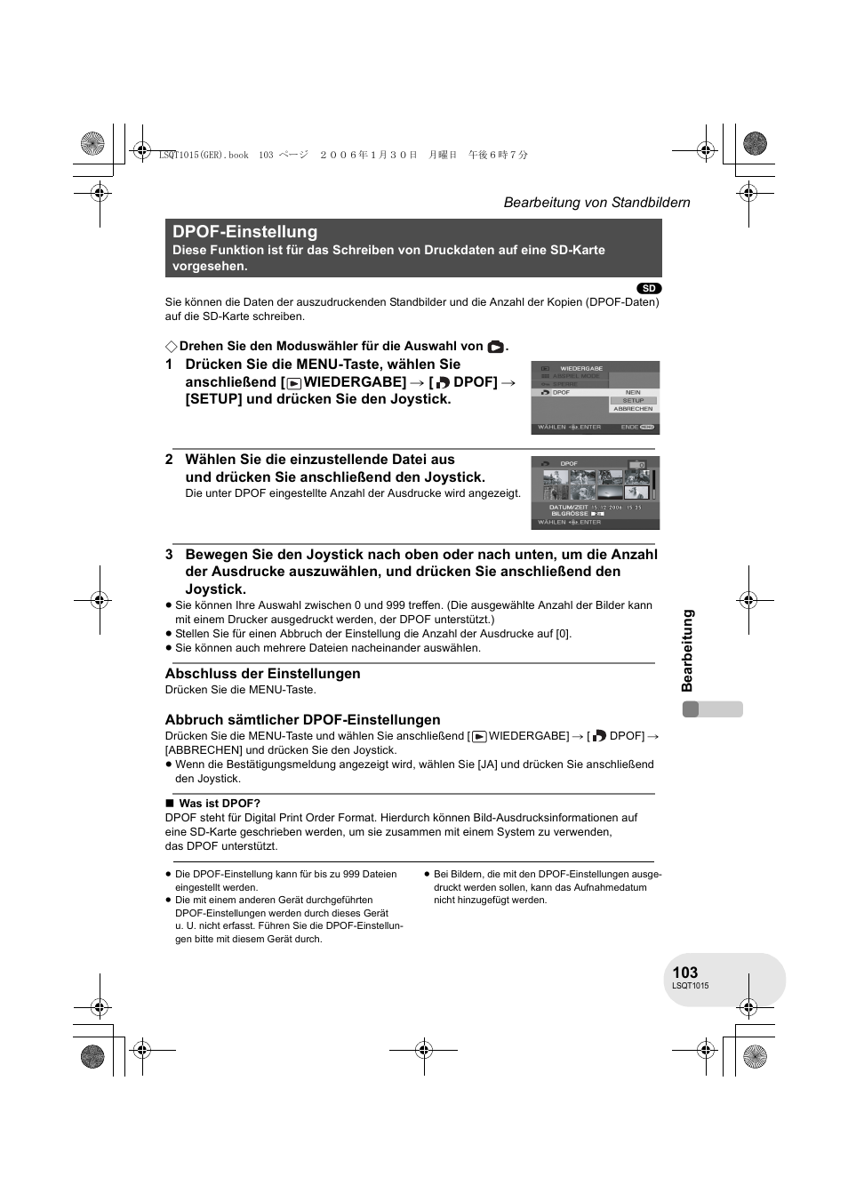 Dpof-einstellung | Panasonic VDRD250EG User Manual | Page 103 / 336