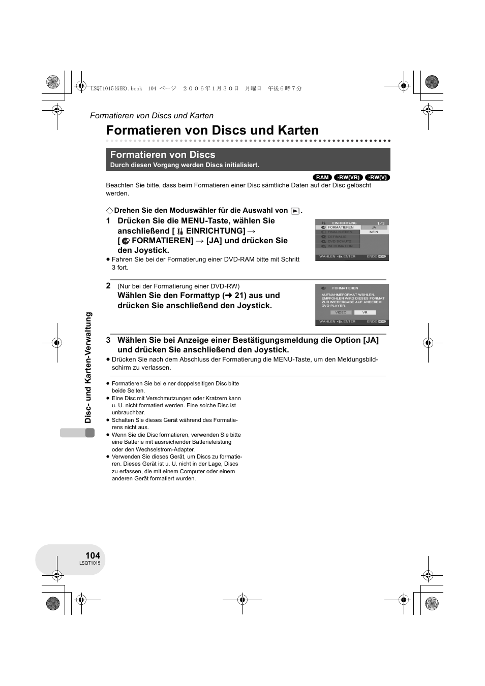 Formatieren von discs und karten, Formatieren von discs | Panasonic VDRD250EG User Manual | Page 104 / 336
