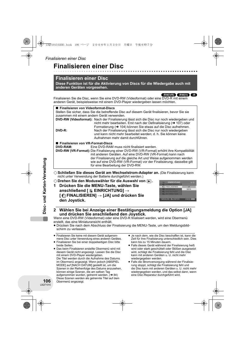 Finalisieren einer disc | Panasonic VDRD250EG User Manual | Page 106 / 336