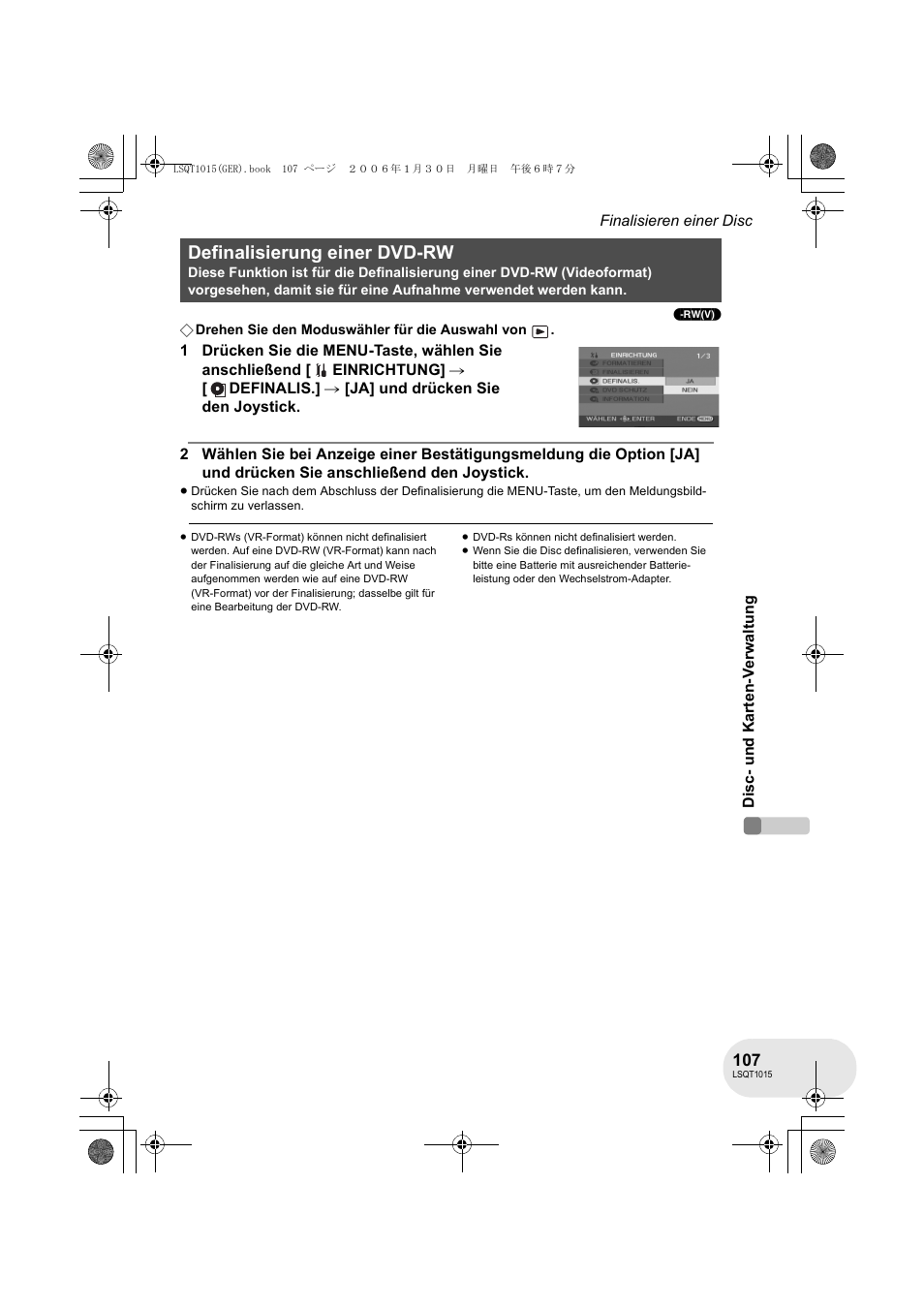 Definalisierung einer dvd-rw | Panasonic VDRD250EG User Manual | Page 107 / 336