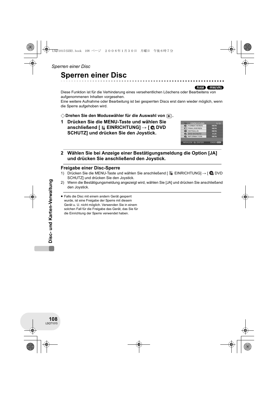 Sperren einer disc | Panasonic VDRD250EG User Manual | Page 108 / 336