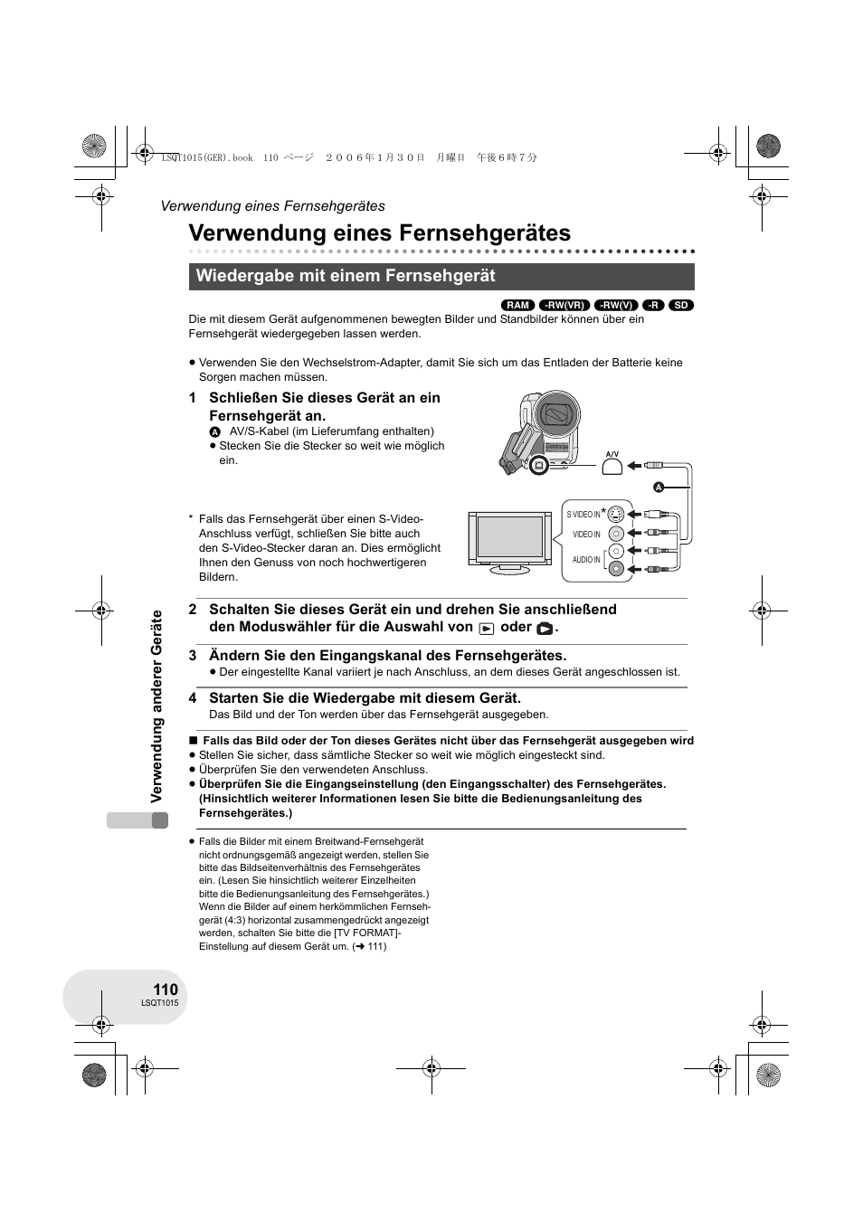 Verwendung eines fernsehgerätes, Wiedergabe mit einem fernsehgerät | Panasonic VDRD250EG User Manual | Page 110 / 336