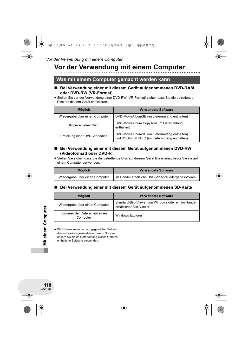 Vor der verwendung mit einem computer, Was mit einem computer gemacht werden kann | Panasonic VDRD250EG User Manual | Page 118 / 336