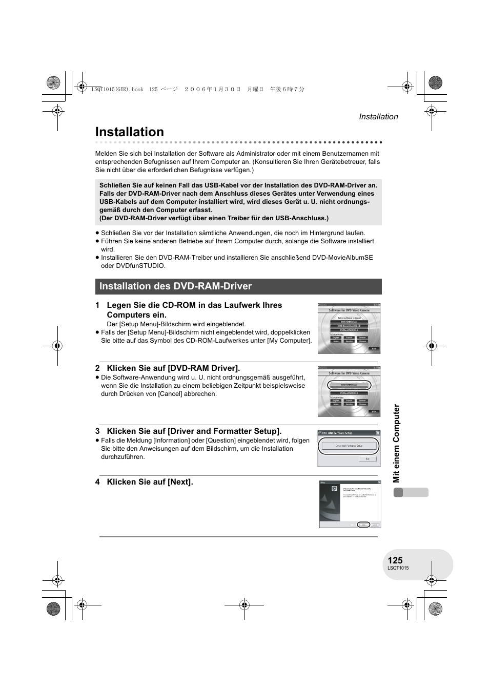 Installation, Installation des dvd-ram-driver | Panasonic VDRD250EG User Manual | Page 125 / 336