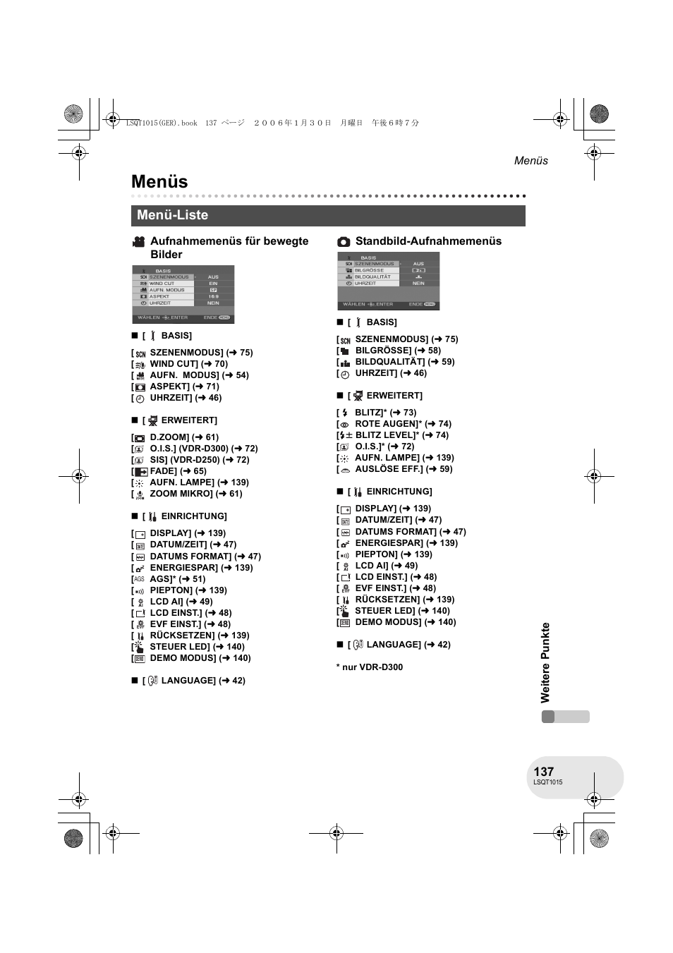 Menüs, Menü-liste | Panasonic VDRD250EG User Manual | Page 137 / 336