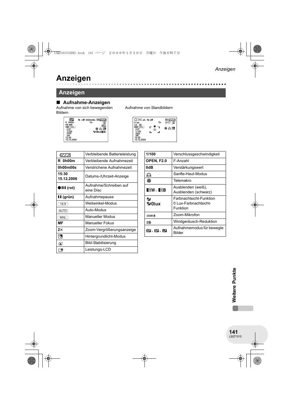 Anzeigen, Anzeigen w e ite re p unk te, Aufnahme-anzeigen | Panasonic VDRD250EG User Manual | Page 141 / 336