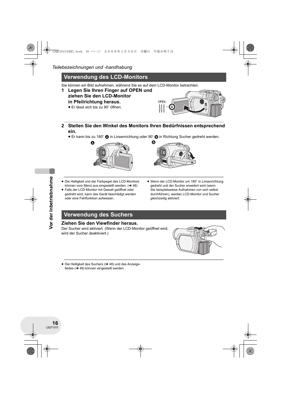 Verwendung des lcd-monitors, Verwendung des suchers | Panasonic VDRD250EG User Manual | Page 16 / 336