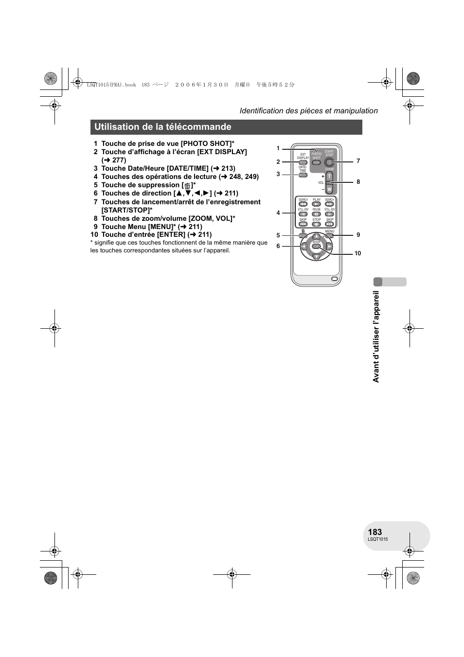 Utilisation de la télécommande | Panasonic VDRD250EG User Manual | Page 183 / 336