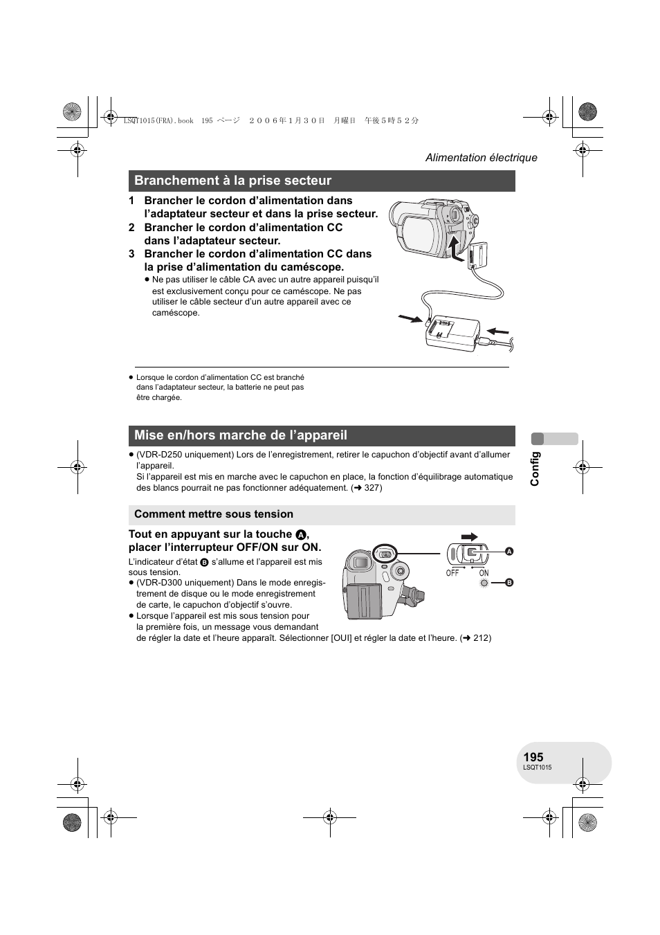 Branchement à la prise secteur, Mise en/hors marche de l’appareil | Panasonic VDRD250EG User Manual | Page 195 / 336
