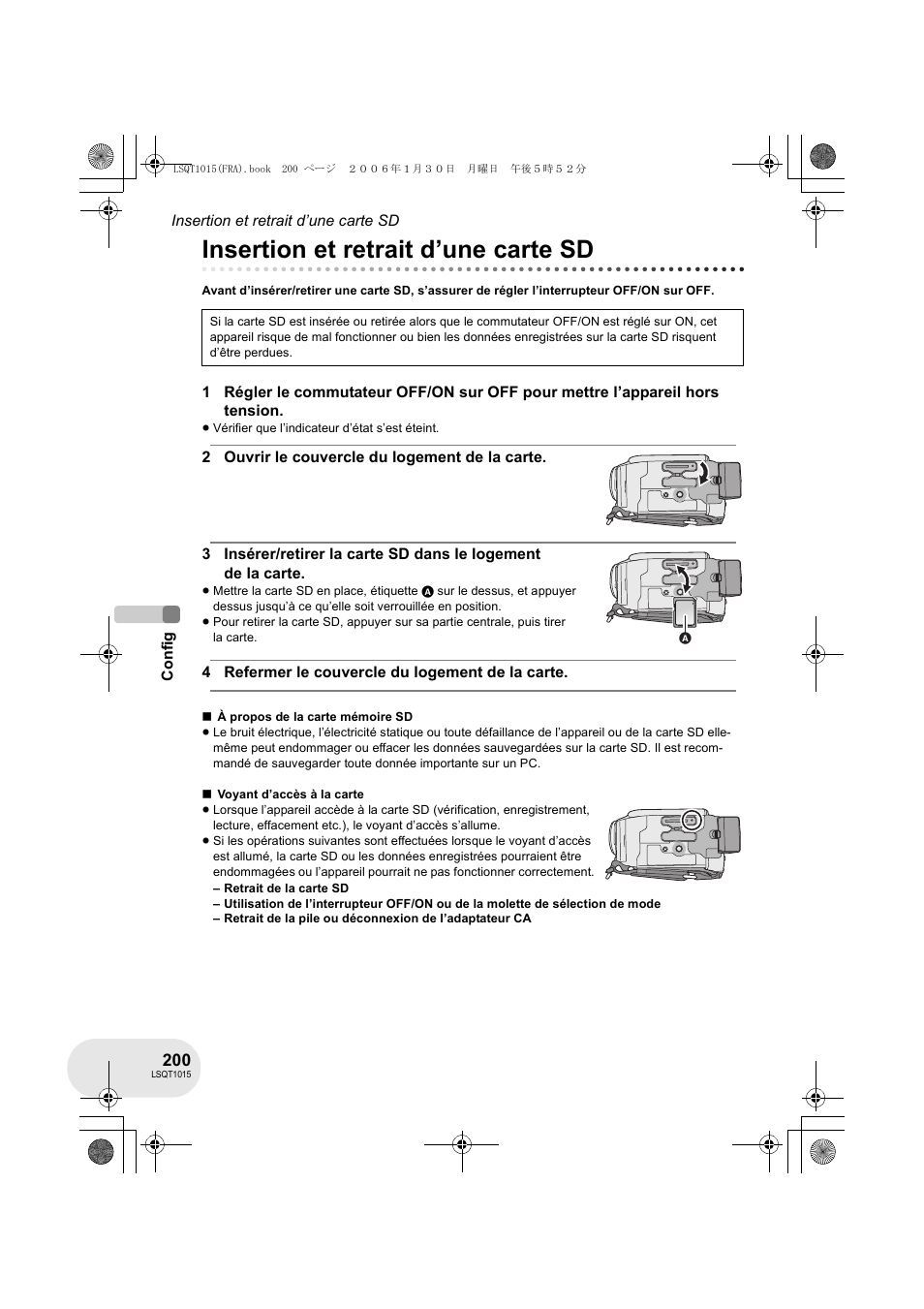 Insertion et retrait d’une carte sd | Panasonic VDRD250EG User Manual | Page 200 / 336