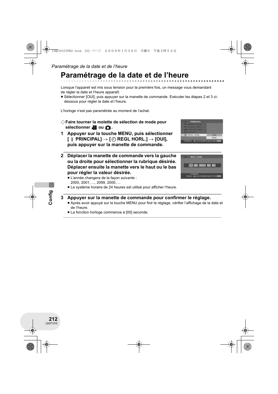 Paramétrage de la date et de l’heure | Panasonic VDRD250EG User Manual | Page 212 / 336