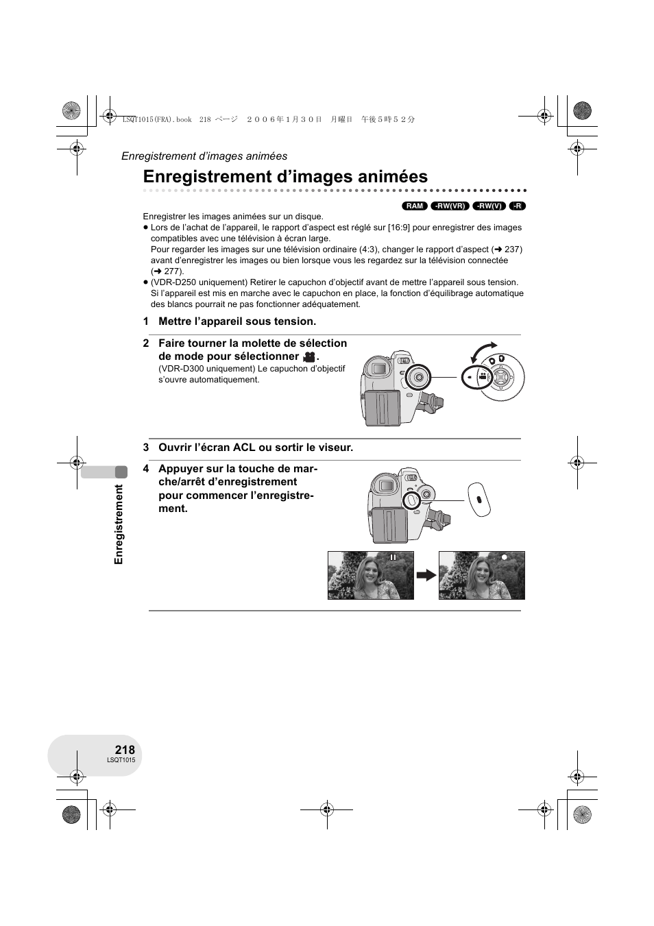 Enregistrement d’images animées | Panasonic VDRD250EG User Manual | Page 218 / 336