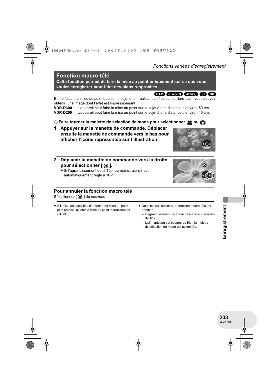 Fonction macro télé | Panasonic VDRD250EG User Manual | Page 233 / 336