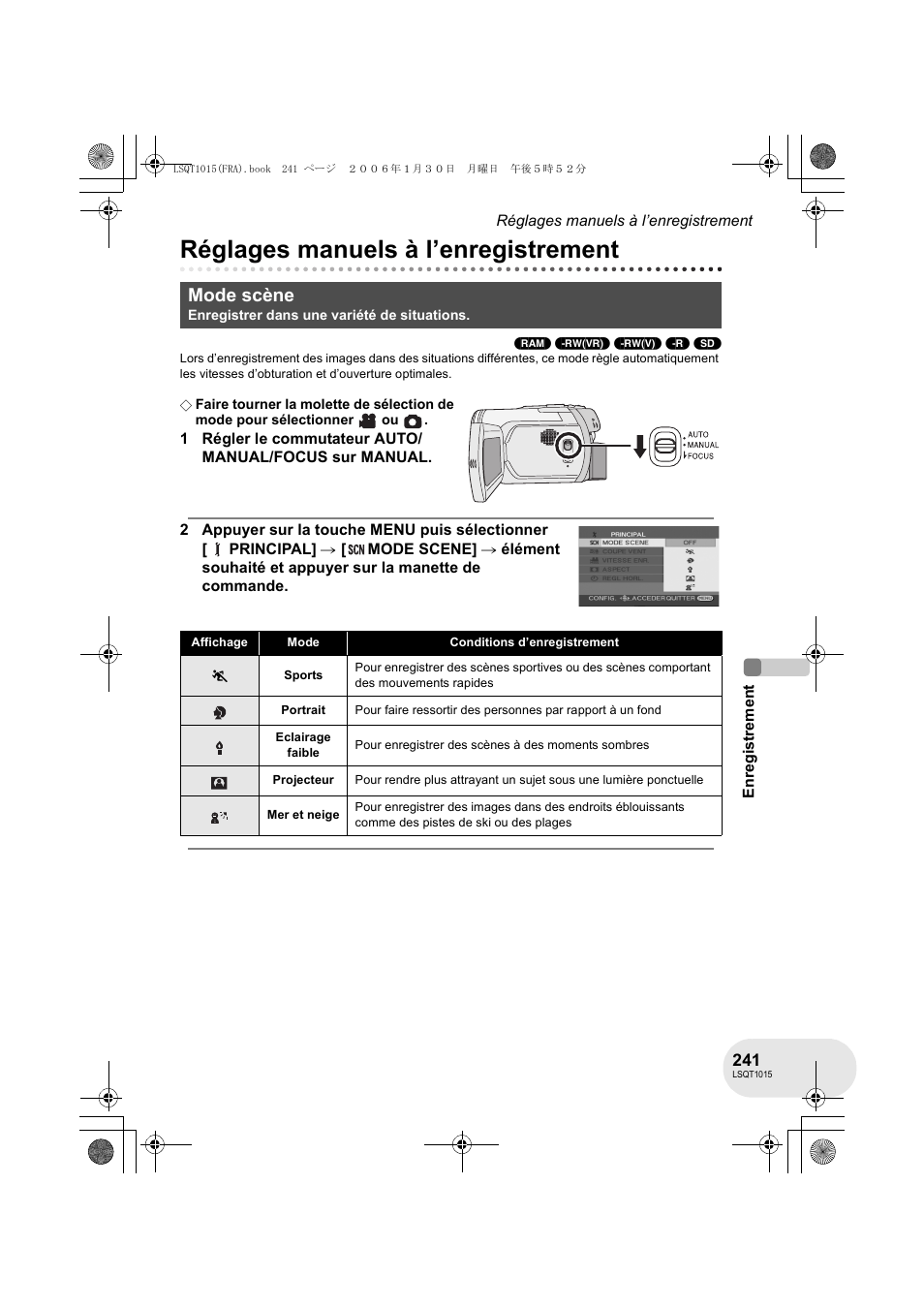 Réglages manuels à l’enregistrement, Mode scène | Panasonic VDRD250EG User Manual | Page 241 / 336