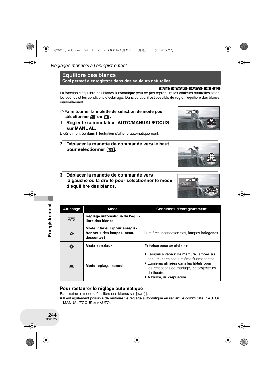 Equilibre des blancs | Panasonic VDRD250EG User Manual | Page 244 / 336