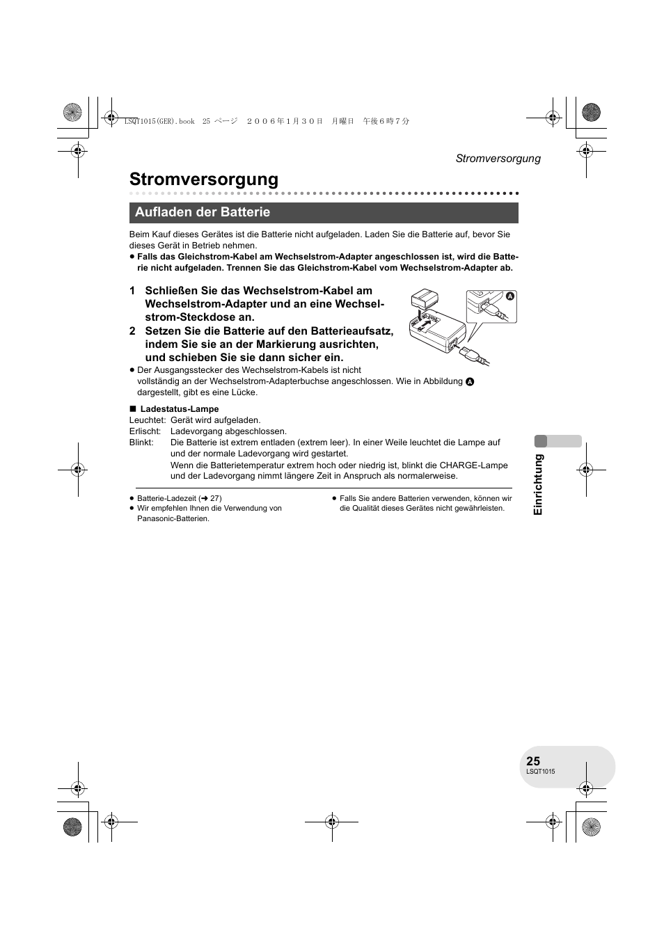 Stromversorgung, Aufladen der batterie | Panasonic VDRD250EG User Manual | Page 25 / 336