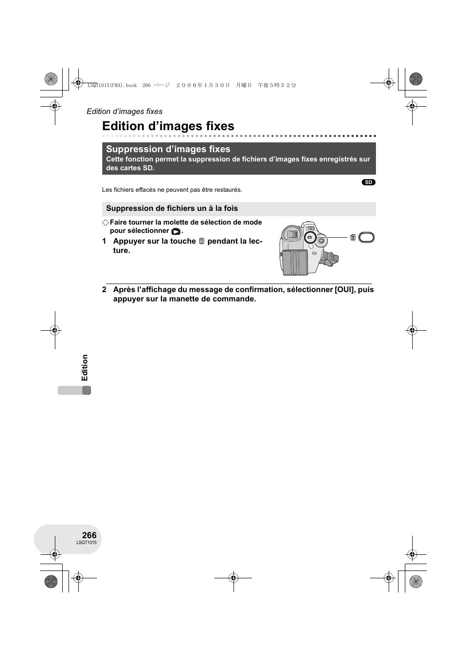 Edition d’images fixes, Suppression d’images fixes | Panasonic VDRD250EG User Manual | Page 266 / 336
