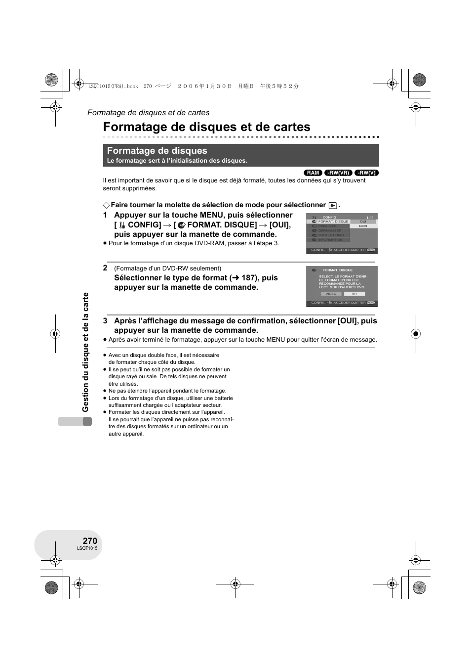 Formatage de disques et de cartes, Formatage de disques | Panasonic VDRD250EG User Manual | Page 270 / 336