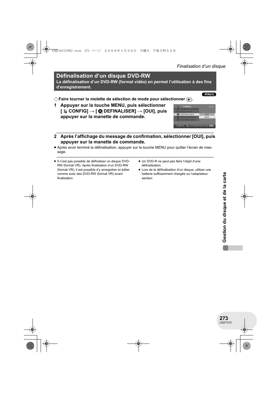 Définalisation d’un disque dvd-rw | Panasonic VDRD250EG User Manual | Page 273 / 336