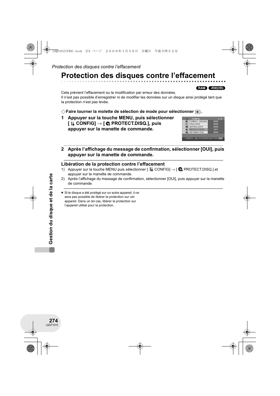 Protection des disques contre l’effacement | Panasonic VDRD250EG User Manual | Page 274 / 336
