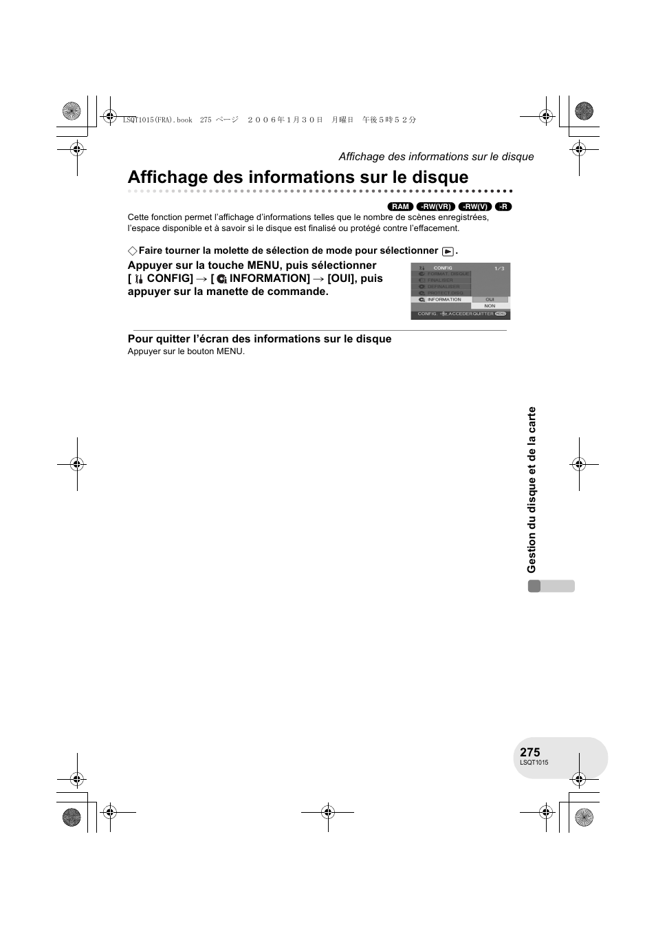 Affichage des informations sur le disque | Panasonic VDRD250EG User Manual | Page 275 / 336