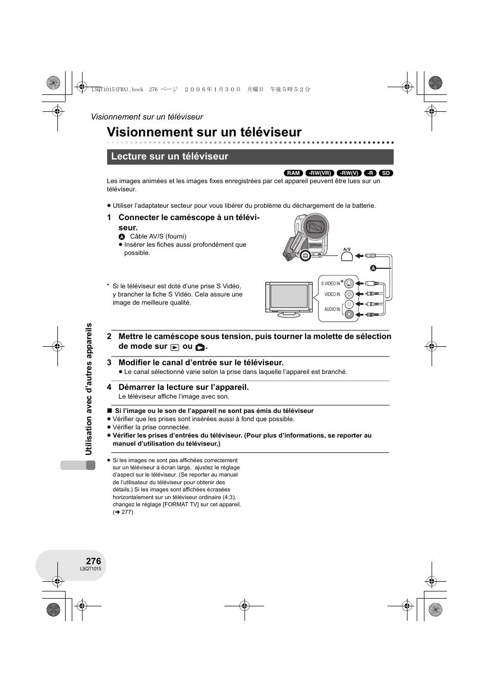 Visionnement sur un téléviseur, Lecture sur un téléviseur | Panasonic VDRD250EG User Manual | Page 276 / 336
