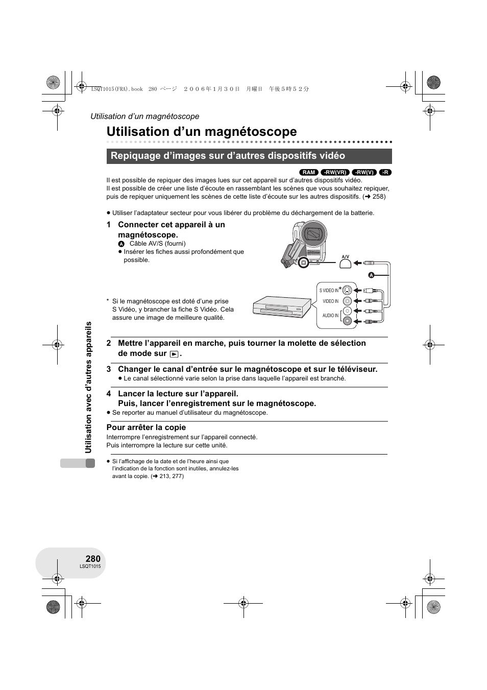 Utilisation d’un magnétoscope, Repiquage d’images sur d’autres dispositifs vidéo | Panasonic VDRD250EG User Manual | Page 280 / 336