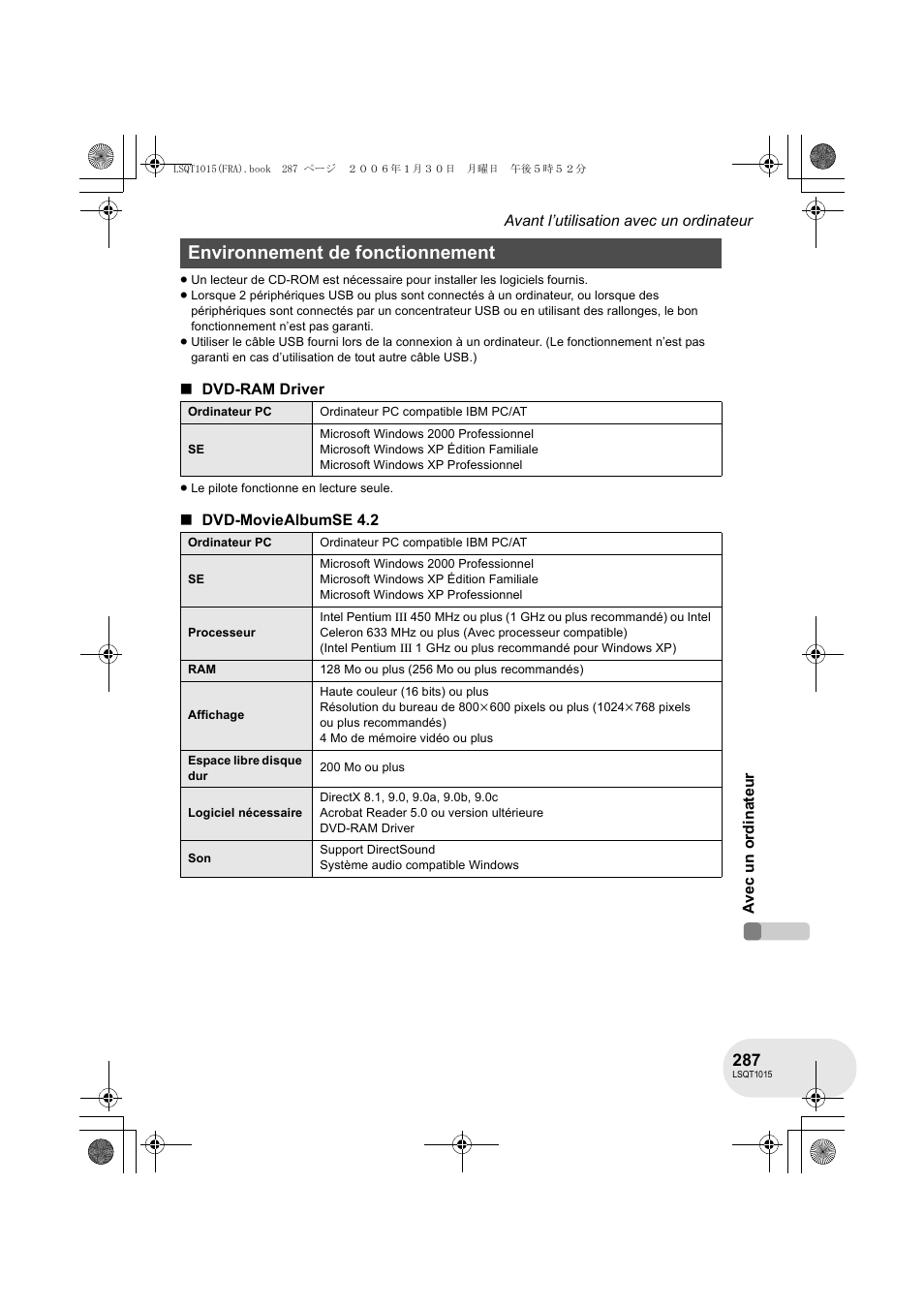 Environnement de fonctionnement | Panasonic VDRD250EG User Manual | Page 287 / 336