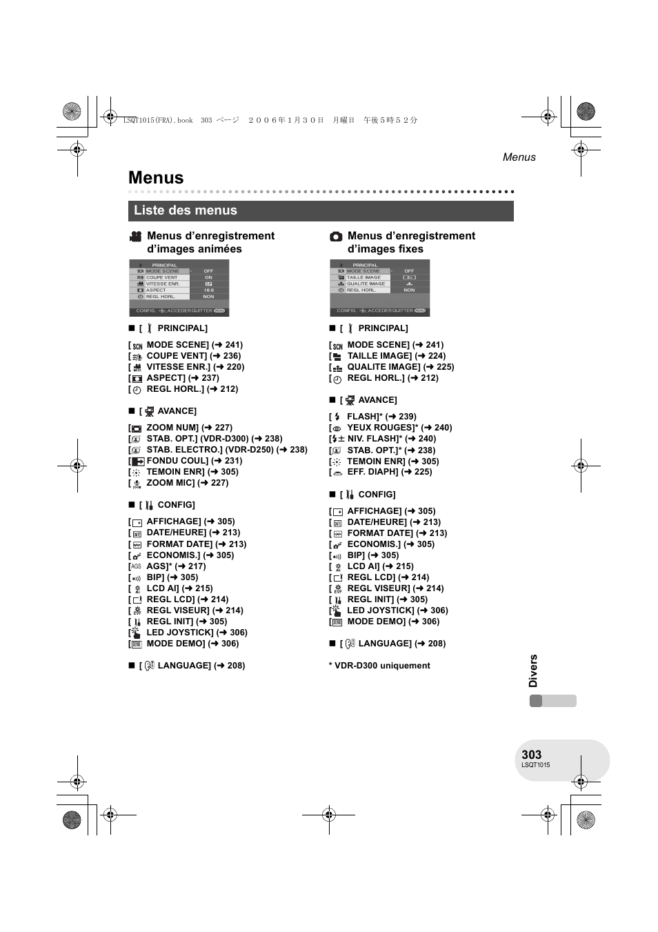 Menus, Liste des menus | Panasonic VDRD250EG User Manual | Page 303 / 336